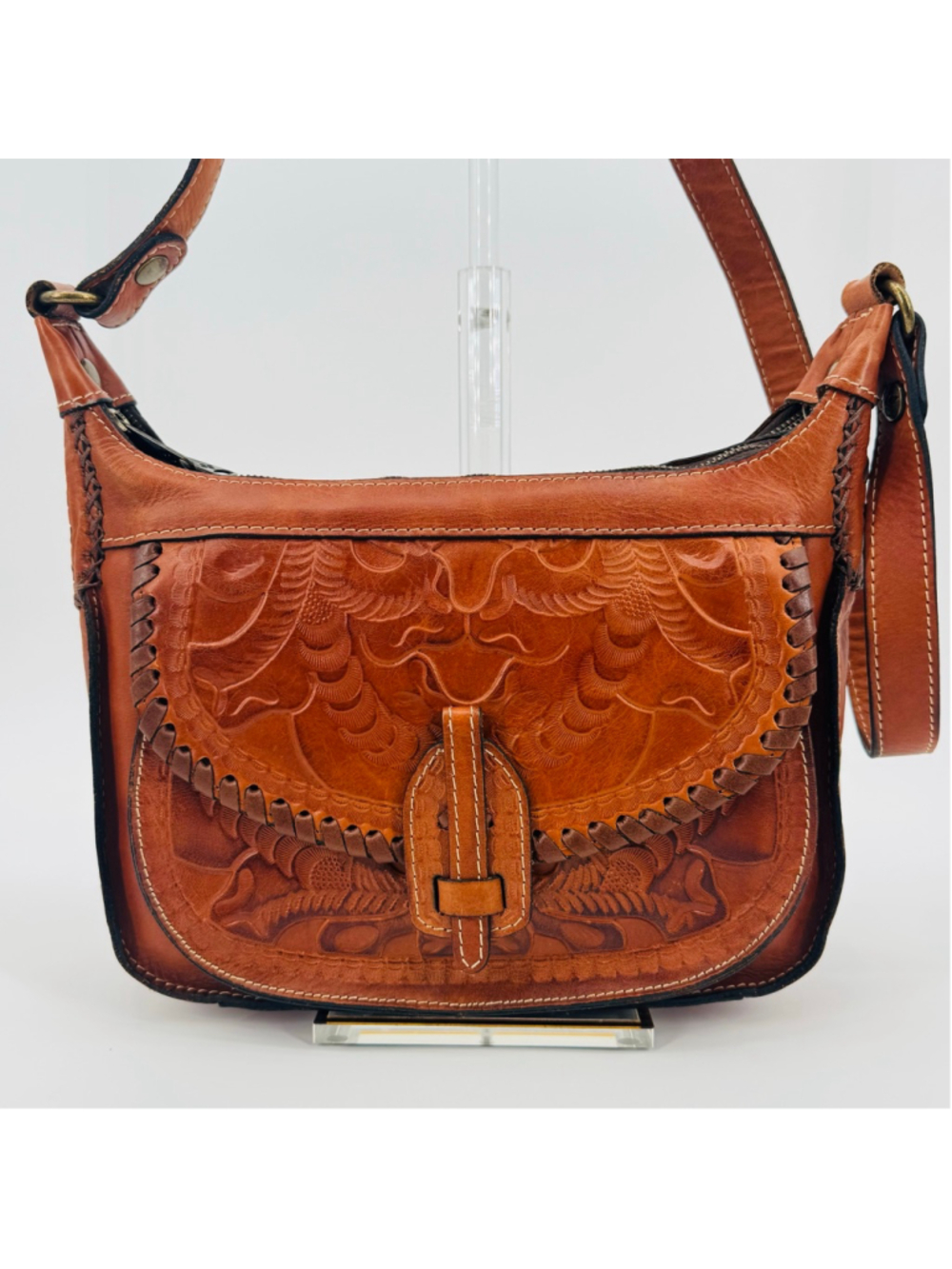 Patricia Nash Camilla Tooled Italian Leather Crossbody Bag Purse Brown